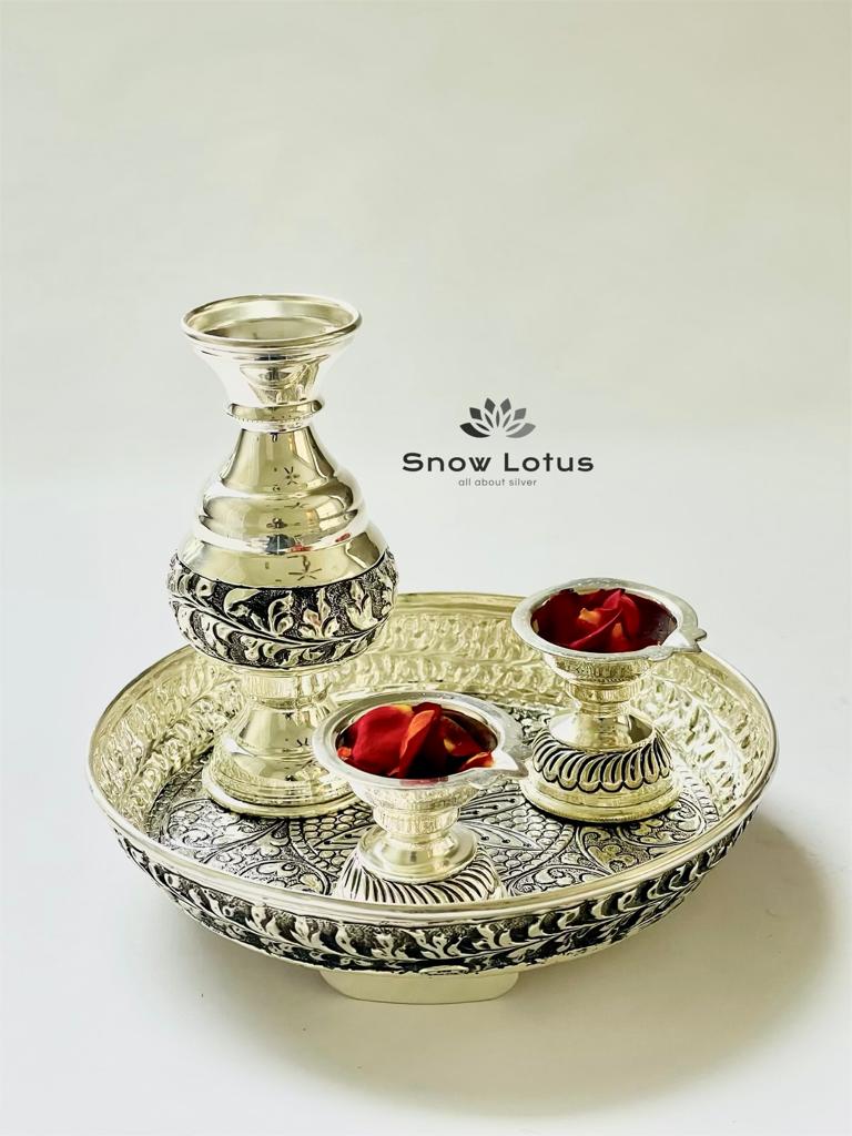 Pooja Plate with attached Diyas & Vase