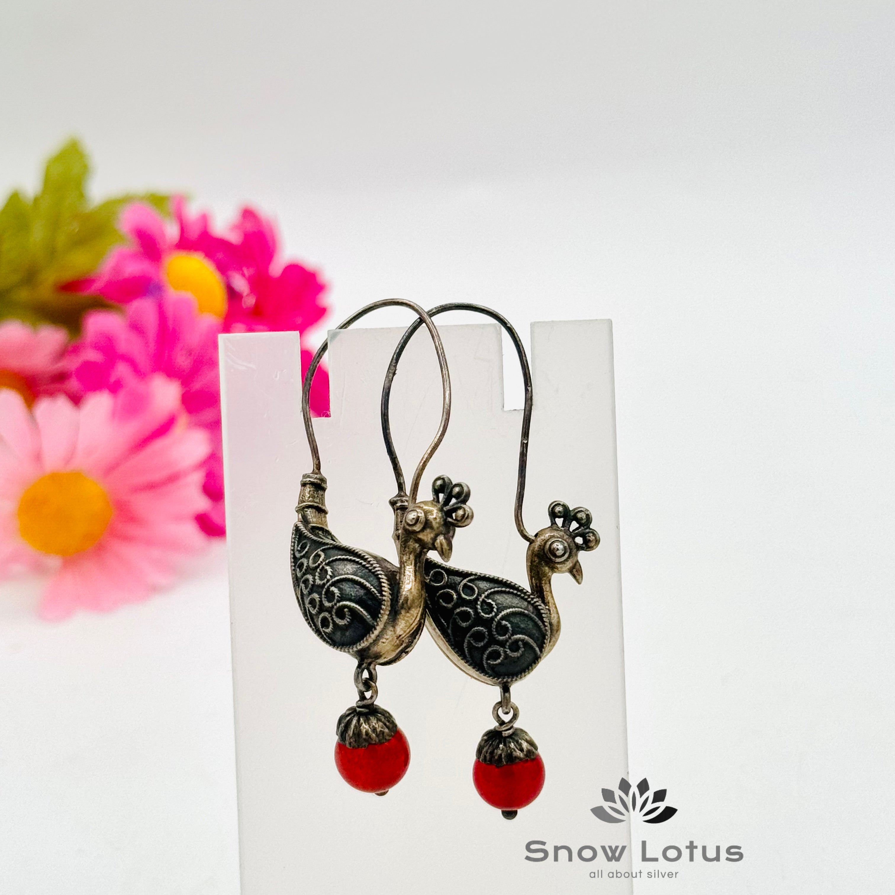 Red Peacock Hoop Earrings