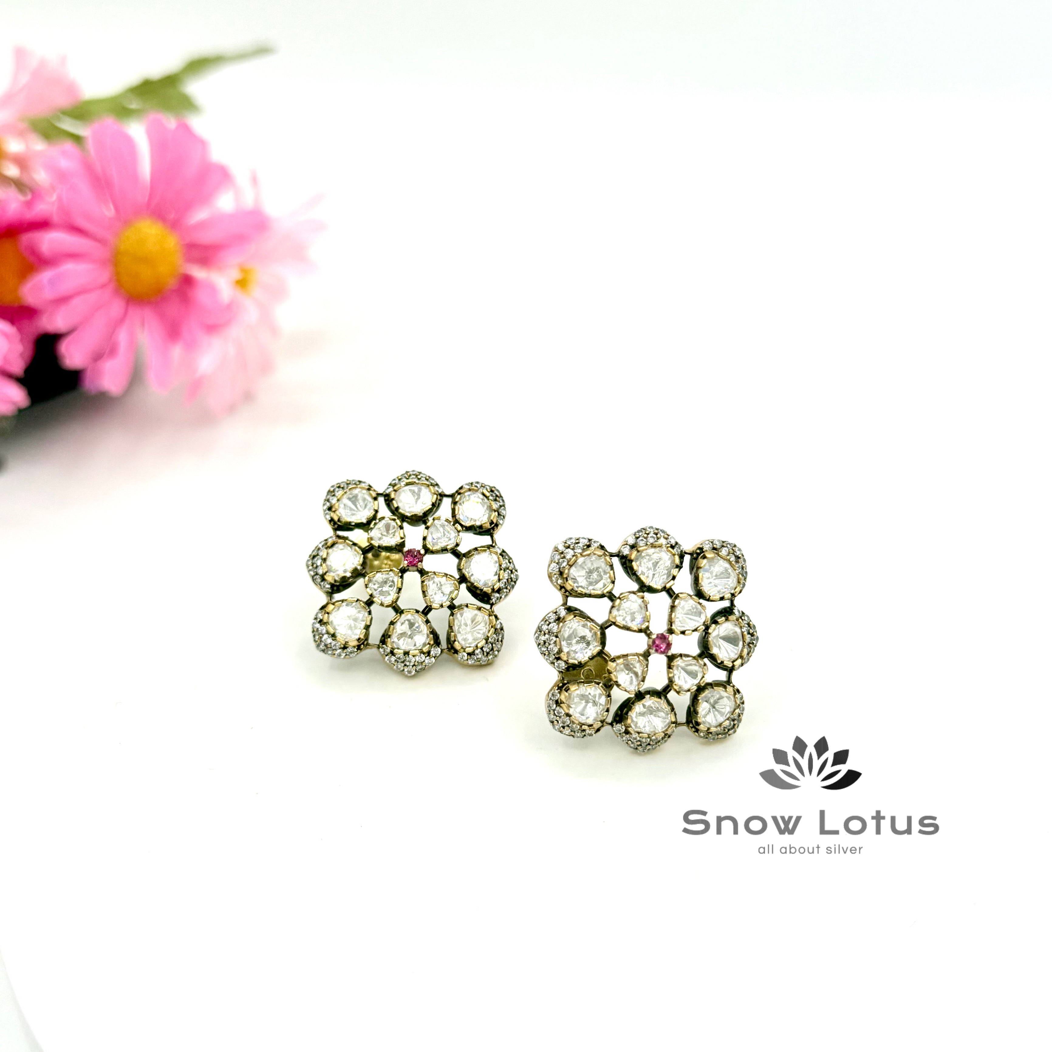 Red Dot Square Moissanite Studs