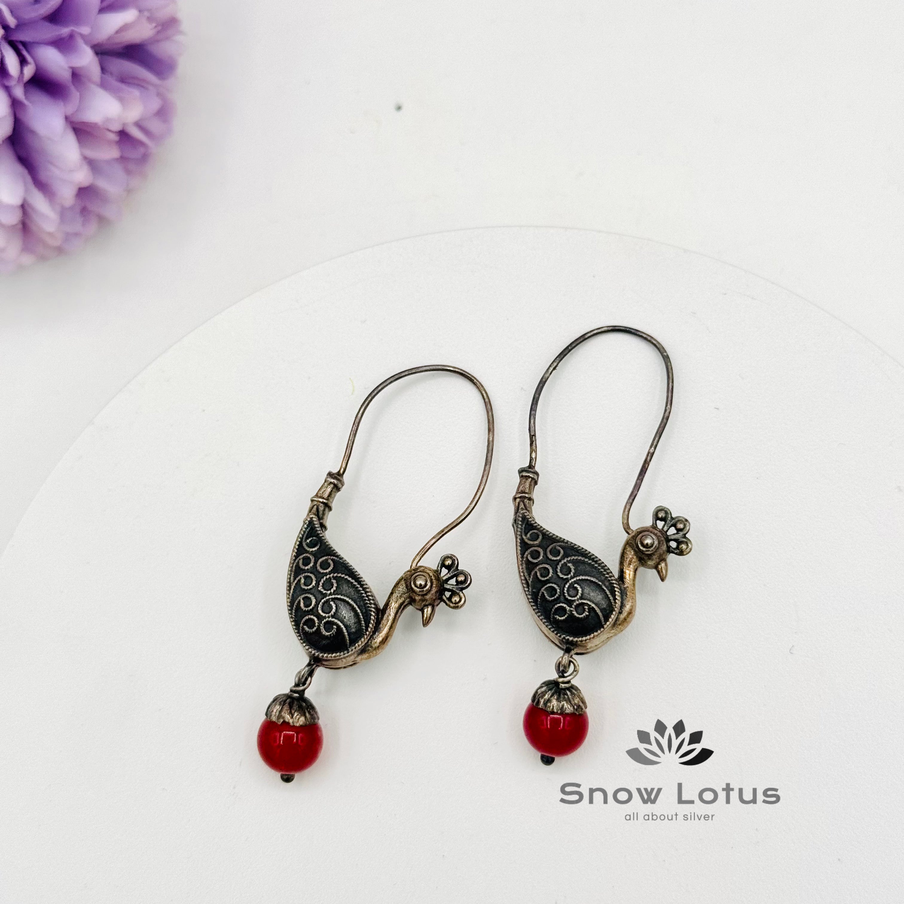 Red Peacock Hoop Earrings